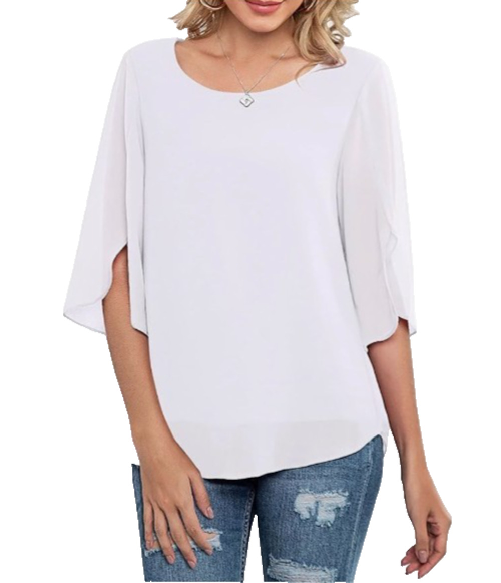 Neineiwu Women's Relaxed Flowy Banded Short Sleeve Chiffon Top White Brunch Med